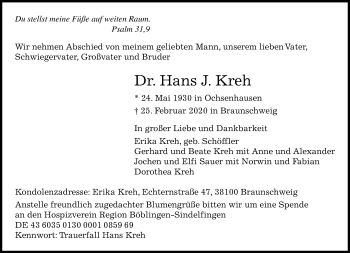 Traueranzeige von Hans J. Kreh von Kreiszeitung Böblinger Bote