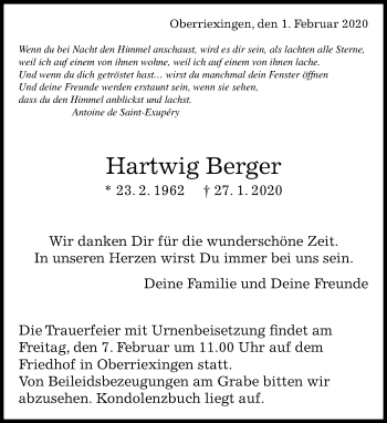 Traueranzeige von Hartwig Berger von Kreiszeitung Böblinger Bote