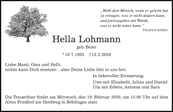 Traueranzeige von Hella Lohmann von Kreiszeitung Böblinger Bote