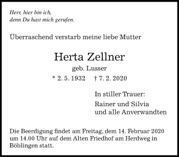 Traueranzeige von Herta Zellner von Kreiszeitung Böblinger Bote