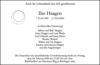 Traueranzeige von Ilse Haagen von Kreiszeitung Böblinger Bote