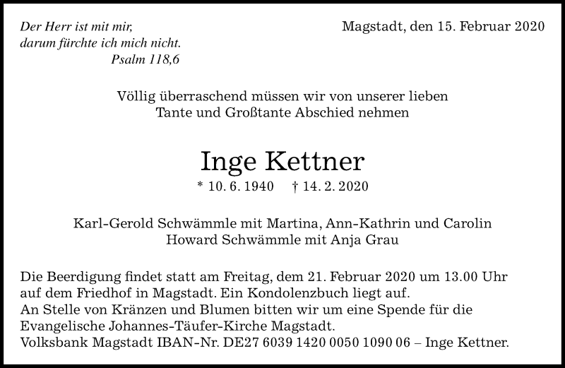  Traueranzeige für Inge Kettner vom 18.02.2020 aus Kreiszeitung Böblinger Bote