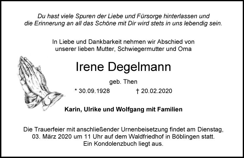  Traueranzeige für Irene Degelmann vom 28.02.2020 aus Kreiszeitung Böblinger Bote