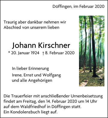 Traueranzeige von Johann Kirschner von Kreiszeitung Böblinger Bote