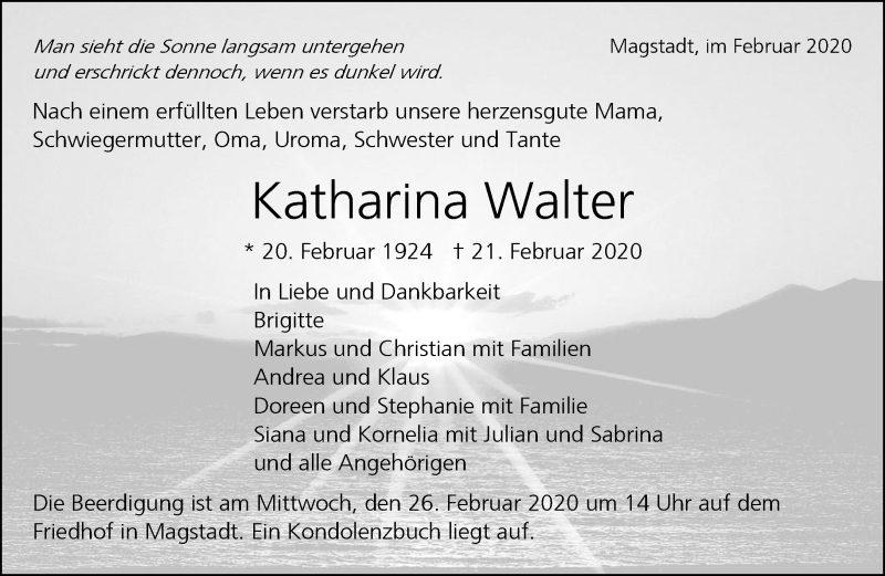  Traueranzeige für Katharina Walter vom 25.02.2020 aus Kreiszeitung Böblinger Bote