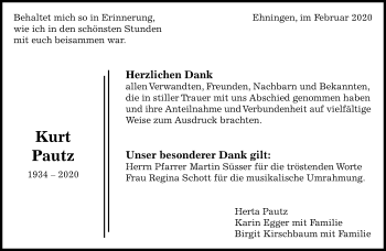 Traueranzeige von Kurt Pautz von Kreiszeitung Böblinger Bote