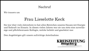 Traueranzeige von Lieselotte Keck von Kreiszeitung Böblinger Bote