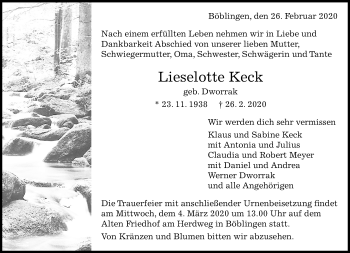 Traueranzeige von Lieselotte Keck von Kreiszeitung Böblinger Bote