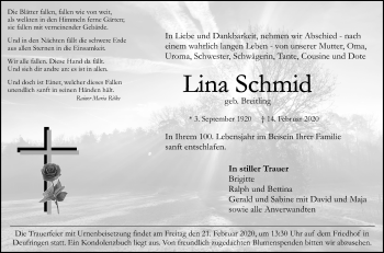 Traueranzeige von Lina Schmid von Kreiszeitung Böblinger Bote