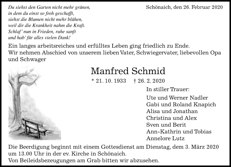  Traueranzeige für Manfred Schmid vom 28.02.2020 aus Kreiszeitung Böblinger Bote