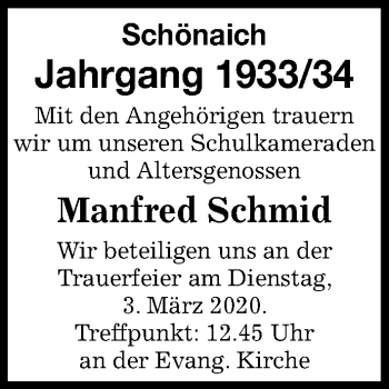 Traueranzeige von Manfred Schmid von Kreiszeitung Böblinger Bote