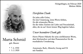 Traueranzeige von Marta Schmid von Kreiszeitung Böblinger Bote