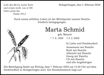 Traueranzeige von Marta Schmid von Kreiszeitung Böblinger Bote