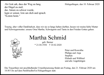 Traueranzeige von Martha Schmid von Kreiszeitung Böblinger Bote