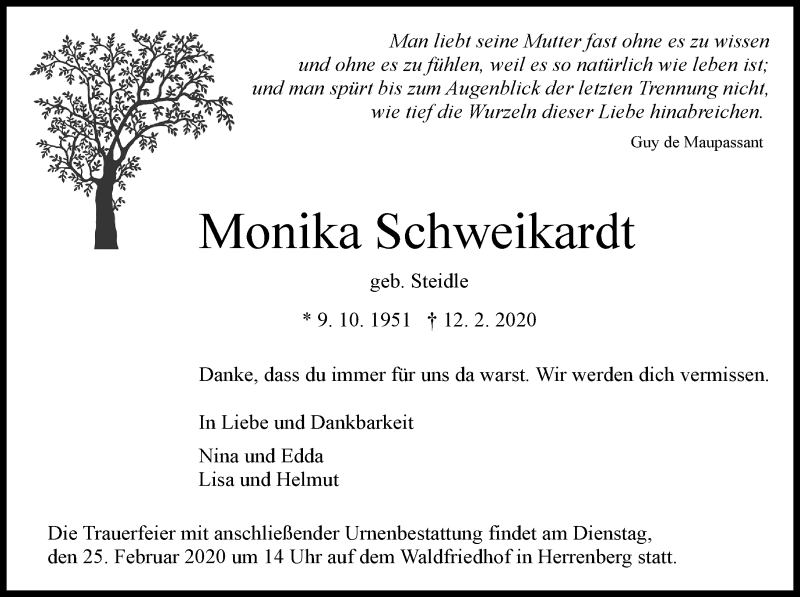  Traueranzeige für Monika Schweikardt vom 15.02.2020 aus Kreiszeitung Böblinger Bote