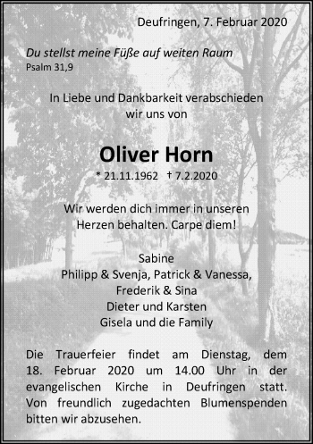 Traueranzeige von Oliver Horn von Kreiszeitung Böblinger Bote