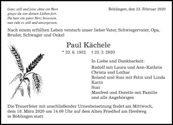 Traueranzeige von Paul Kächele von Kreiszeitung Böblinger Bote