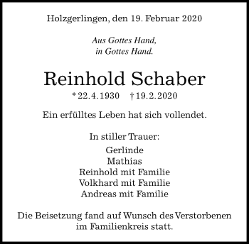 Traueranzeige von Reinhold Schaber von Kreiszeitung Böblinger Bote