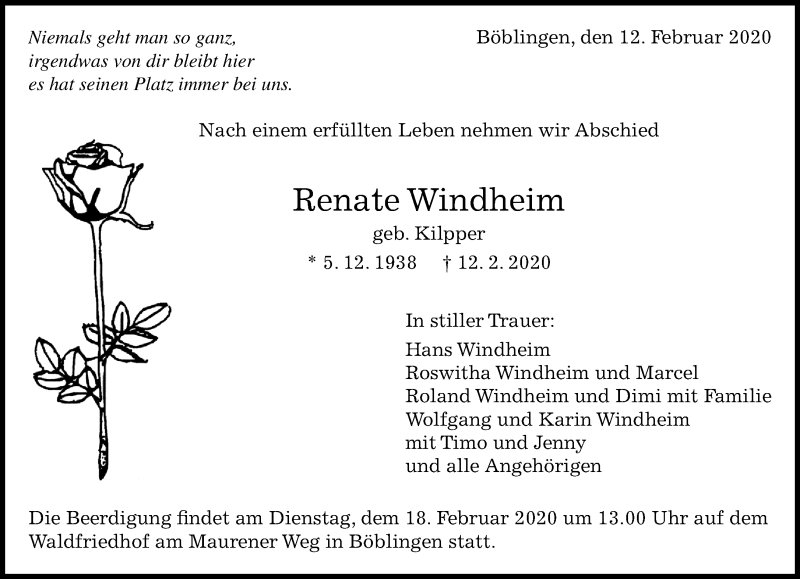  Traueranzeige für Renate Windheim vom 15.02.2020 aus Kreiszeitung Böblinger Bote