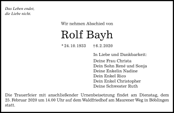 Traueranzeige von Rolf Bayh von Kreiszeitung Böblinger Bote