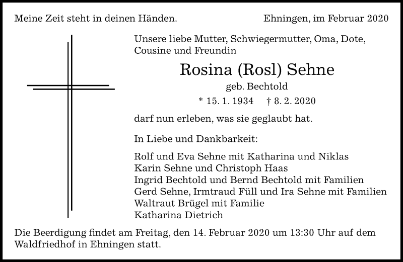  Traueranzeige für Rosina Sehne vom 11.02.2020 aus Kreiszeitung Böblinger Bote