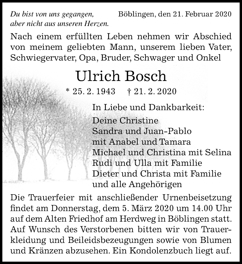  Traueranzeige für Ulrich Bosch vom 27.02.2020 aus Kreiszeitung Böblinger Bote
