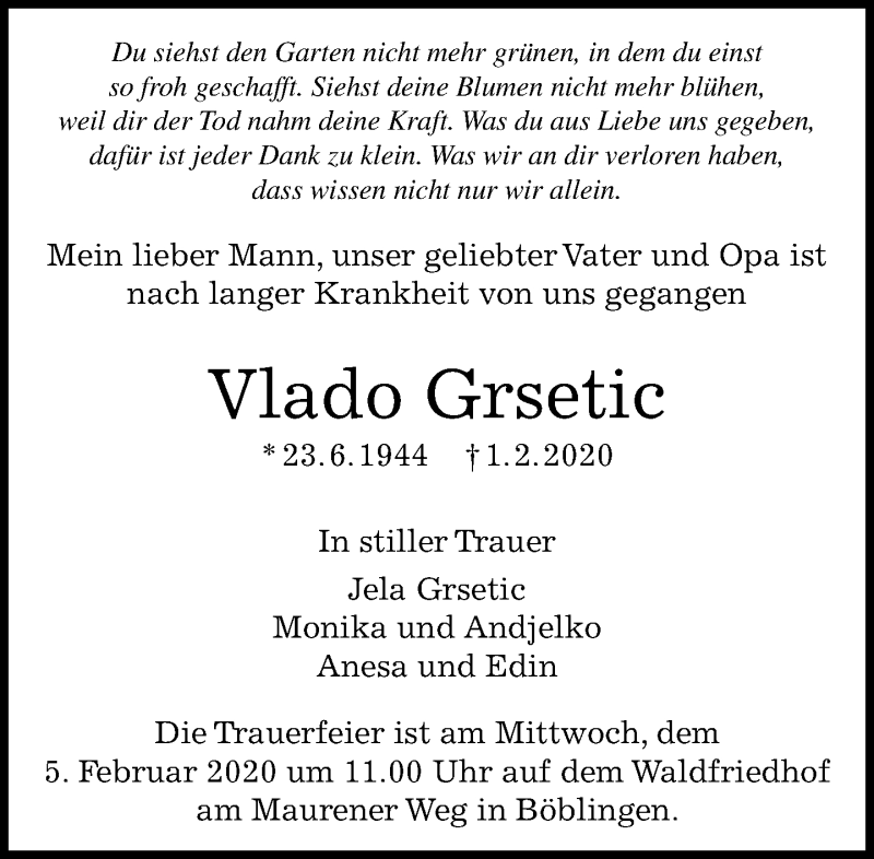  Traueranzeige für Vlado Grsetic vom 04.02.2020 aus Kreiszeitung Böblinger Bote