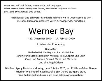 Traueranzeige von Werner Bay von Kreiszeitung Böblinger Bote