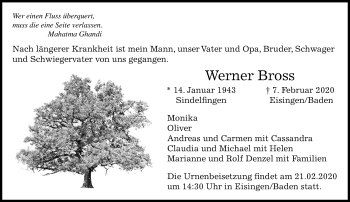 Traueranzeige von Werner Bross von Kreiszeitung Böblinger Bote