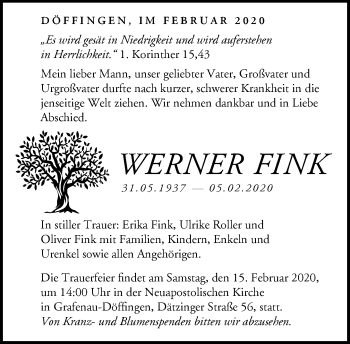 Traueranzeige von Werner Fink von Kreiszeitung Böblinger Bote
