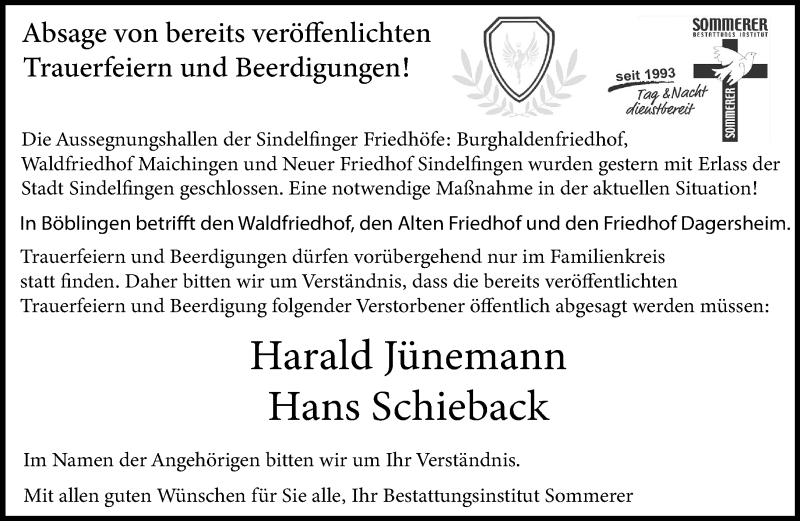  Traueranzeige für Absage Trauerfeiern  vom 19.03.2020 aus Kreiszeitung Böblinger Bote