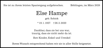 Traueranzeige von Else Hampe von Kreiszeitung Böblinger Bote