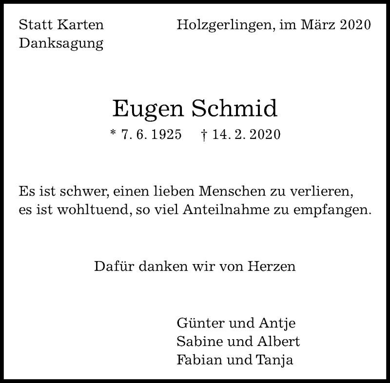  Traueranzeige für Eugen Schmid vom 07.03.2020 aus Kreiszeitung Böblinger Bote