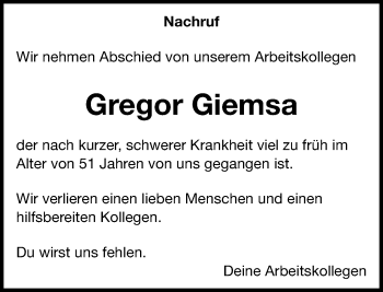 Traueranzeige von Gregor Giemsa von Kreiszeitung Böblinger Bote