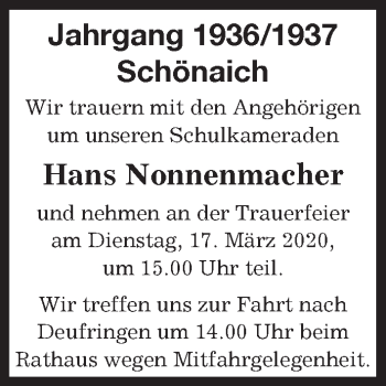 Traueranzeige von Hans Nonnenmacher von Kreiszeitung Böblinger Bote