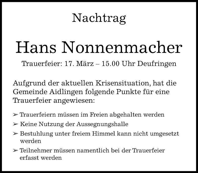  Traueranzeige für Hans Nonnenmacher vom 17.03.2020 aus Kreiszeitung Böblinger Bote