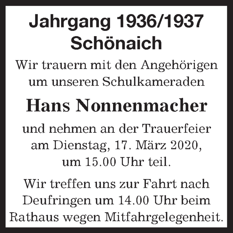  Traueranzeige für Hans Nonnenmacher vom 12.03.2020 aus Kreiszeitung Böblinger Bote