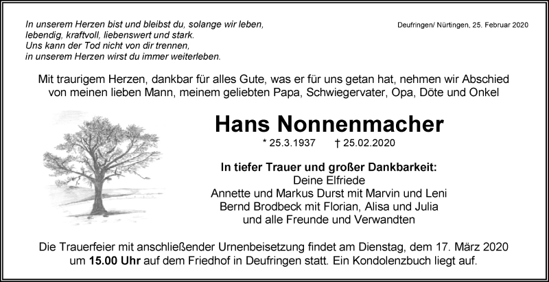  Traueranzeige für Hans Nonnenmacher vom 11.03.2020 aus Kreiszeitung Böblinger Bote