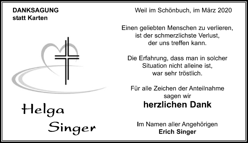  Traueranzeige für Helga Singer vom 05.03.2020 aus Kreiszeitung Böblinger Bote