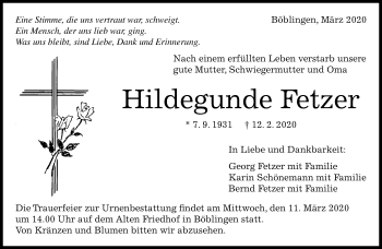 Traueranzeige von Hildegunde Fetzer von Kreiszeitung Böblinger Bote