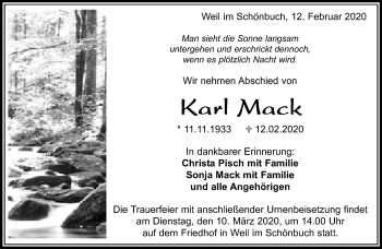 Traueranzeige von Karl Mack von Kreiszeitung Böblinger Bote