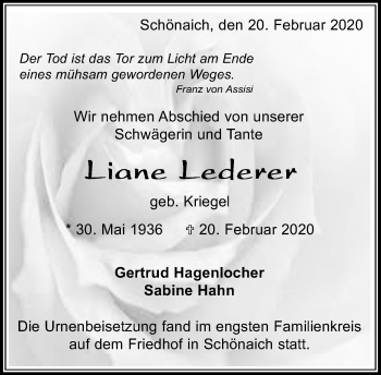 Traueranzeige von Liane Lederer von Kreiszeitung Böblinger Bote