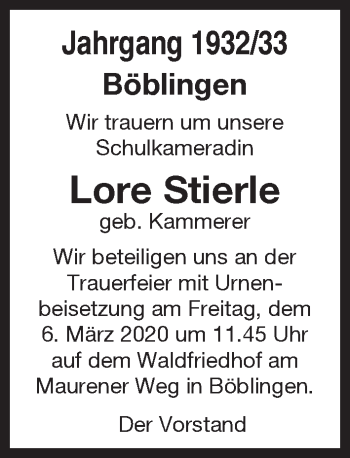 Traueranzeige von Lore Stierle von Kreiszeitung Böblinger Bote