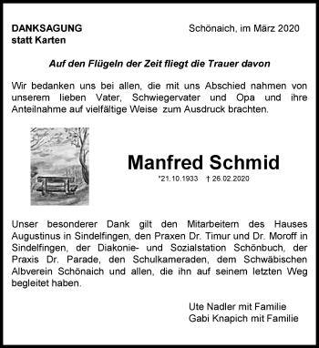 Traueranzeige von Manfred Schmid von Kreiszeitung Böblinger Bote