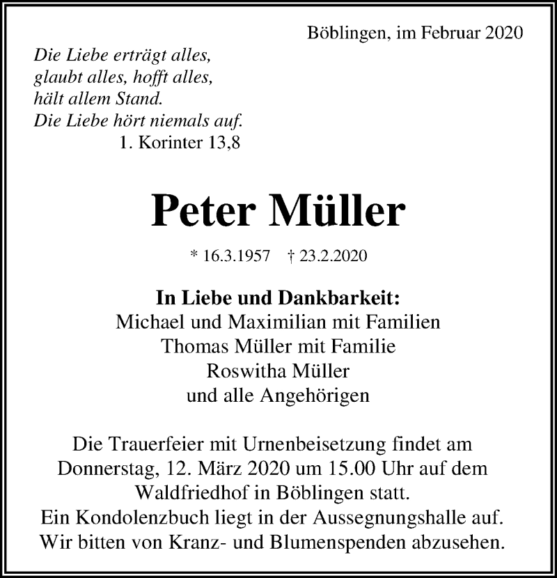  Traueranzeige für Peter Müller vom 07.03.2020 aus Kreiszeitung Böblinger Bote