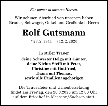 Traueranzeige von Rolf Gutsmann von Kreiszeitung Böblinger Bote