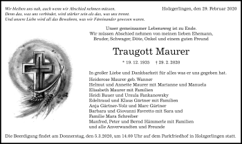 Traueranzeige von Traugott Maurer von Kreiszeitung Böblinger Bote