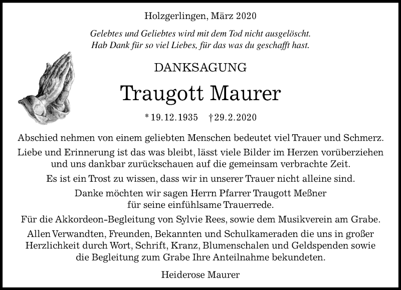  Traueranzeige für Traugott Maurer vom 21.03.2020 aus Kreiszeitung Böblinger Bote
