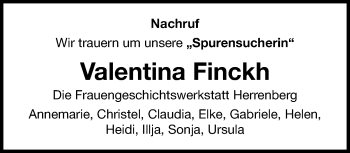 Traueranzeige von Valentina Finckh von Kreiszeitung Böblinger Bote