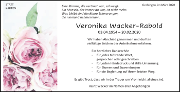 Traueranzeige von Veronika Wacker-Rabold von Kreiszeitung Böblinger Bote